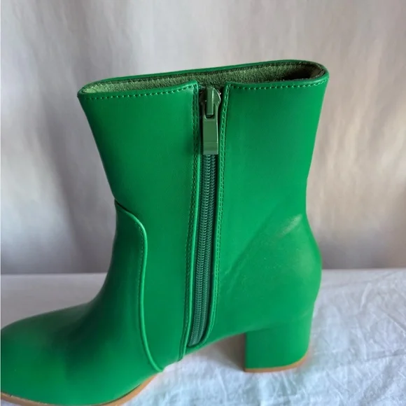 Faux Leather Square Toe Side Zip Block Heel Ankle Boots Green - Picture 4 of 5